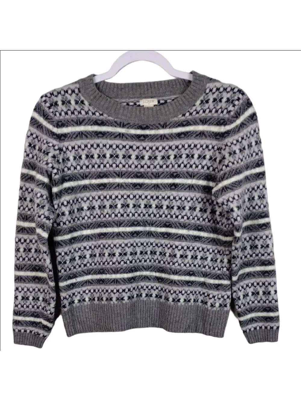 J. Crew Grey Fair Isle Wool Blend Crew Neck Long Sleeve Pullover Nordic Sweater